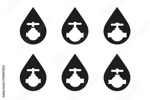 Water Valve Icons. Main water line shutoff. Set Logo of water droplet with valve: Flat solid, Symmetrical form, Minimal outline, Abstract geometric, Negative