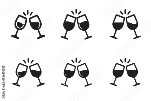 Candlelit Wine Toast Icons. Romantic candlelit dinners. Set Logo of wine toast: clinking wine glasses. Icon set. harmonious logo variations of the same