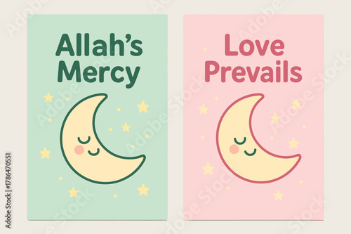 Mercy & Love Banners. Mercy & Love. Two vertical A6 banners with safe margins, centered composition, no elements touching edges, cartoon, pastel mint and pink,