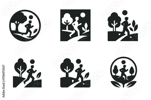 Morning Jogging Icons. A person jogging in the park during the early morning, surrounded by nature. Icon set. Set Logo of a person jogging in the park during