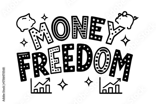 Playful Money Design. Money Freedom ? playful decorative display lettering; patterned letters (dots/stripes/stars), gentle arch; framed with mini icons;