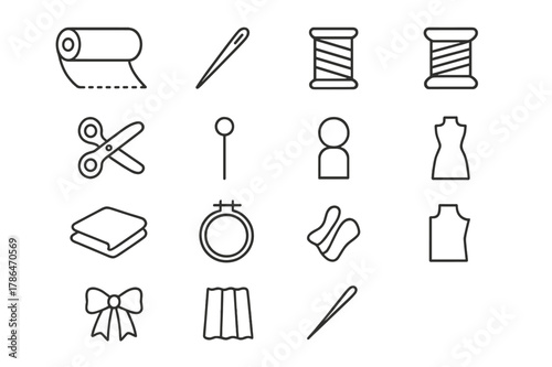 Dressmaking Tools Icons. Dressmaking fabric. Line icon set of dressmaking fabric: fabric roll, sewing needle, thread, scissors, pin, spool of thread, folded