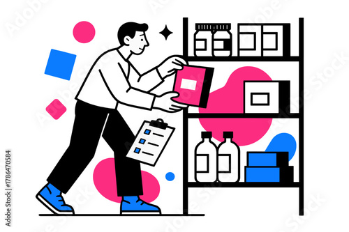 Efficient Inventory Management. Restocking Supplies. Person checking inventory and placing items on shelves with floating abstract geometric shapes, organized
