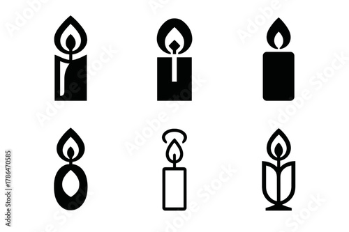 Candle Logo Variations. Reflecting on the day. Set Logo of Reflecting on the day: candle and soft glow. Icon set. harmonious logo variations of the same