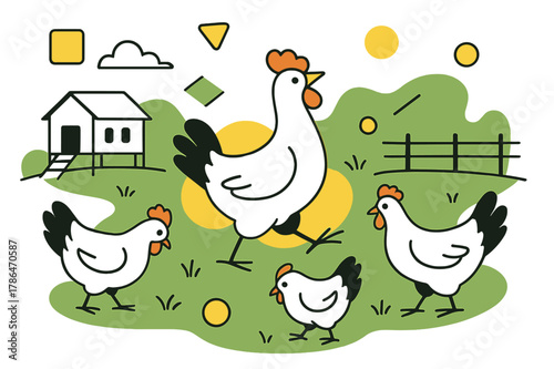 Geometric Poultry Paradise. Poultry Farm. Wide view of outdoor poultry area with chickens roaming freely and floating abstract geometric shapes, lively and