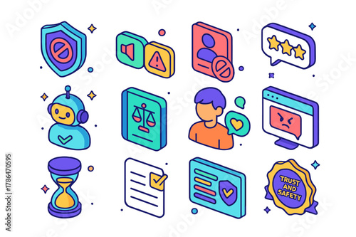 Cyberbullying Prevention Icons. Cyberbullying prevention in games. Colorful isometric vector icons set of Cyberbullying prevention in games: anti-bullying