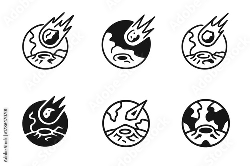Asteroid Impact Logos. Asteroids and meteor impacts on Earth. Set Logo of asteroids and meteor impacts on Earth: crater field topographic map. Icon set.