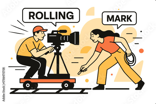 Film Set Dynamics. Behind-the-scenes filming ? Dolly rehearsal. A camera glides on rails; motion lines sweep as a focus puller tracks the marks. ?ROLLING? and