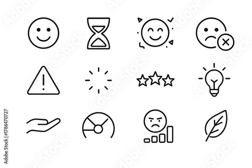 User Emotions Icons. User Emotions in UX. Line icon set of User Emotions in UX: onboarding smile, wait time hourglass, success confetti, failure cross, warning