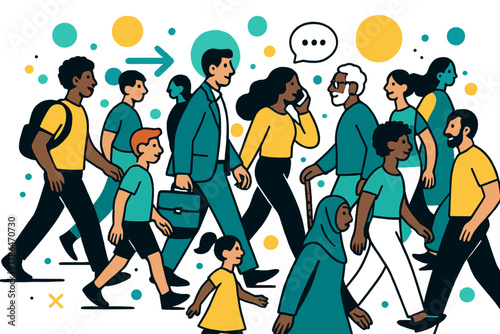 Colorful Urban Diversity. Urban diversity. Crowds of people of different ages and ethnicities walking, talking