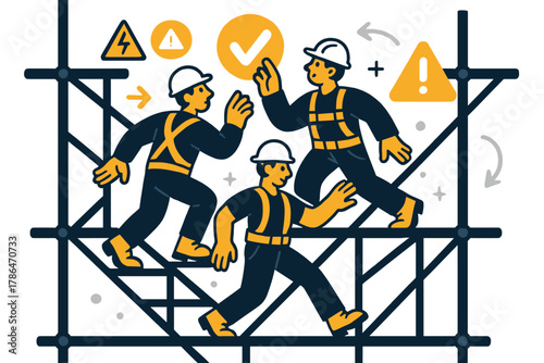 Safety on Scaffolding. Safety first. Construction workers wearing helmets and harnesses while navigating