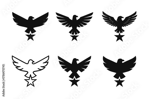 Aquila Star Logos. Altair in Aquila. Set Logo of Altair in Aquila: soaring eagle over star. harmonious logo variations of the same emblematic concept, each