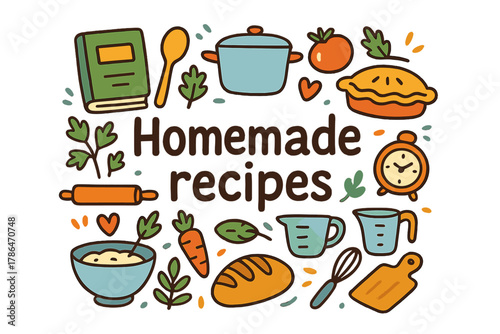Homemade Recipes Icons. Homemade recipes. Hand-drawn doodle illustration of Homemade recipes. Recipe book,