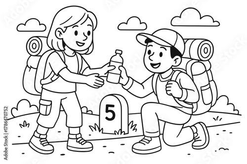 Travelers Helping Each Other. Gratitude and kindness on the road children?s coloring book illustration, outlined drawing, travelers sharing water and helping