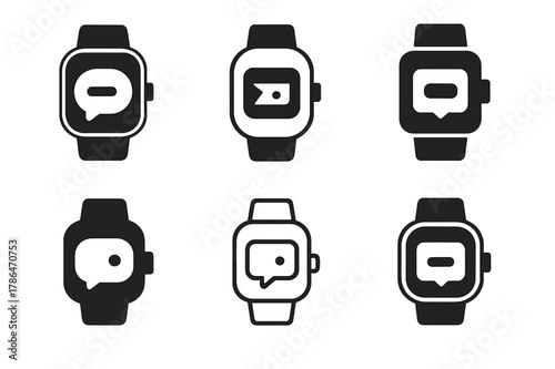 App Notification Logos. App notification mockup. Set Logo of App notification mockup: smartwatch with incoming message. Icon set. harmonious logo variations of