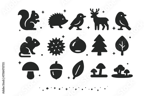 Wildlife Chestnut Icons. Wildlife and Chestnuts. Solid icons set of Wildlife and Chestnuts: squirrel, hedgehog, bird, deer, mouse, chestnut burr, fallen nut,