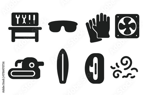Workshop Icons Set. Workshop environment. Filled icon set of workshop environment: workbench, tools hanging,