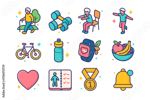 Healthy Aging Icons. Healthy aging activities. Colorful isometric vector icons set of Healthy aging activities: senior walking in park, light dumbbells, chair