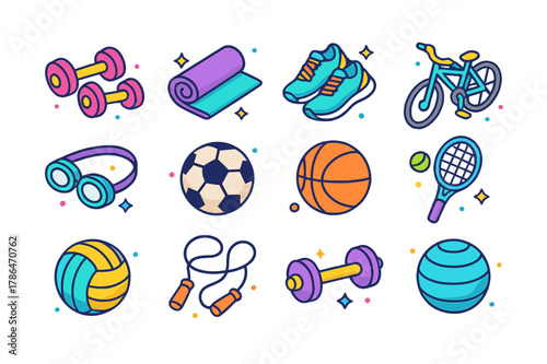 Colorful Fitness Icons. fitness. Colorful isometric vector icons set of fitness: dumbbells, yoga mat, running shoes, bicycle, swimming goggles, football,