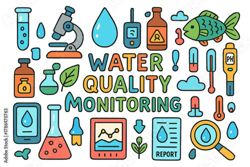 Water Quality Tools. Water Quality Monitoring. Colorful Hand-drawn doodle Children illustration Water Quality Monitoring test tube, microscope, droplet,