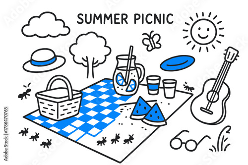 Summer Picnic Doodles. // Summer picnic. Hand-drawn doodle illustration Summer picnic [picnic blanket (accented), picnic basket, watermelon wedges (accented),