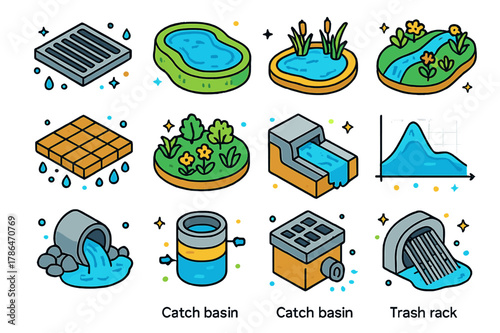 Stormwater Management Icons. Stormwater management. Colorful isometric vector icons set of Stormwater management: storm drain grate, detention pond, retention