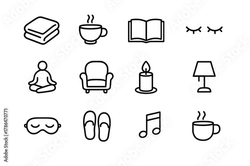 Relaxation Icon Set. Relaxation. Line icon set of Relaxation: soft blanket, tea cup, open book, closed eyes, meditation pose, cozy chair, gentle candle, soft