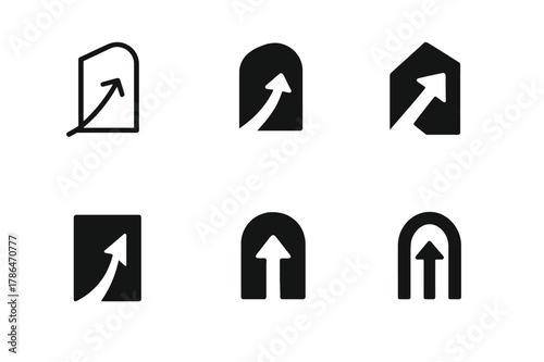 Doorway Logo Variations. Creating opportunities. Set Logo of Creating opportunities: open doorway with rising arrow. harmonious logo variations of the same