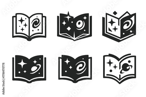 Sci-Fi Book Logos. Science fiction books. Icon set. Set Logo of sci-fi books: open book with stars and galaxies. harmonious logo variations of the same