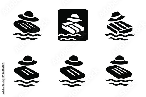 Inflatable Lounger Logos. Floating on an inflatable. Set Logo of Floating on an inflatable: inflatable lounger drifting with sun hat and waves. Icon set.