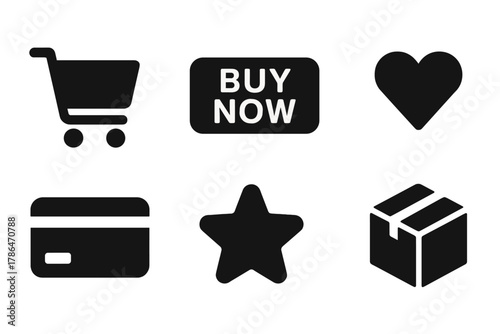 E-commerce Icon Set. E-commerce CTA. Filled icon set of e-commerce CTA: cart, buy now, tag, heart, credit card