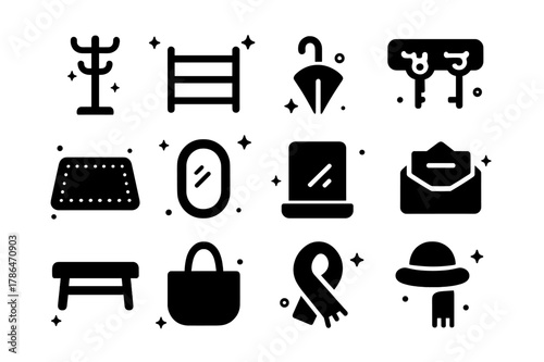 Homey Entryway Icons. Homey Entryway. Solid icons set of Homey Entryway: coat rack, shoe shelf, umbrella, key hook, doormat, mirror, mail tray, bench, tote