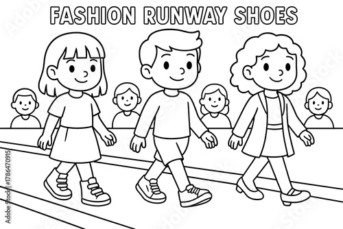 Kids' Runway Coloring. Fashion runway shoes children?s coloring book illustration, outlined drawing, models