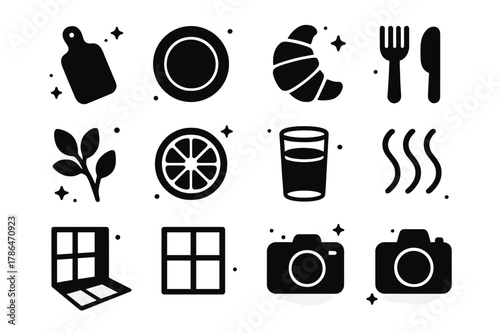 Window Light Cuisine. Window Light on Food. Solid icons set of Window Light on Food: cutting board, plate, pastry, fork, linen napkin, herb sprig, citrus
