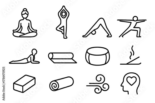 Yoga Icon Grid. Yoga. Line icon set of Yoga: lotus pose, tree pose, downward dog, warrior pose, cobra pose, yoga mat, meditation cushion, incense, yoga block,