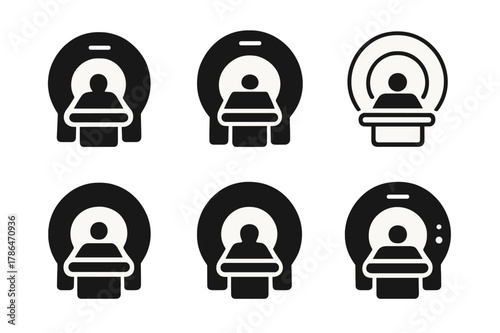 MRI Machine Logos. MRI machine. Set Logo of MRI machine: patient table sliding into bore. Icon set. harmonious logo variations of the same emblematic concept,