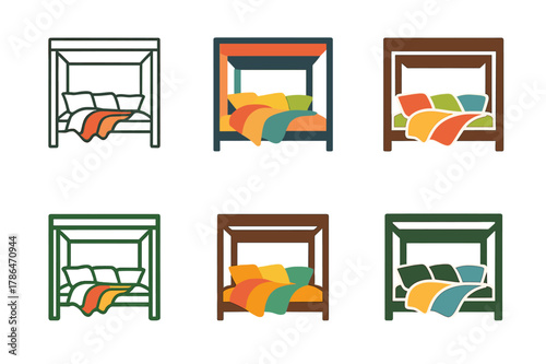 Colorful Garden Logo Set. Adding colorful outdoor cushions and throws to a garden seating area. Set Logo of pergola daybed: canopy frame with layered throws.