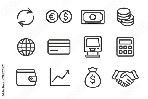 FX Transaction Icons. FX transaction icons. Line outline icon set of FX transaction icons: arrow exchange,