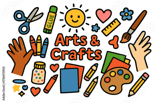 Creative Kids' Toolkit. Arts and crafts time. Colorful Hand-drawn doodle Children illustration Arts and crafts time scissors, glue stick, crayons, colored