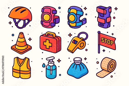 Playground Safety Icons. playground safety gear. Colorful isometric vector icons set of playground safety gear: helmet, knee pads, elbow pads, wrist guards,