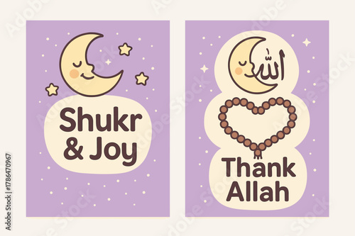 Grateful Prayer Banners. Grateful Hearts. Two vertical A6 banners with safe margins, centered composition, no elements touching edges, cartoon, lavender and