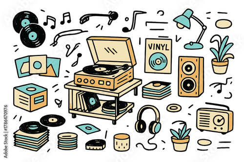 Retro Music Vibes. Vintage record player. Hand-drawn doodle illustration record player (colored), vinyl records (colored), turntable (colored), speaker