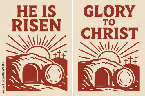 Resurrection Celebration Banners. Resurrection Glory. Two vertical A6 banners with safe margins, centered composition, no elements touching edges, cartoon,