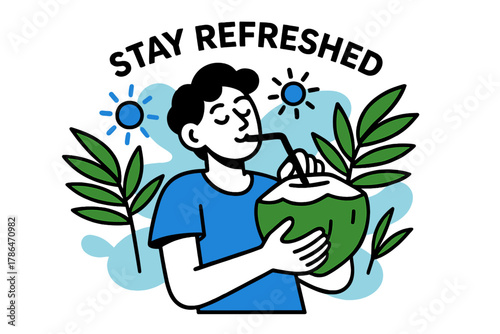 Tropical Refreshment Theme. Drinking a coconut. A relaxed person sipping from a freshly cut coconut with a