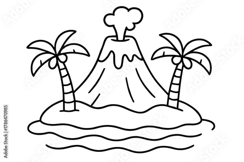 Volcano Island Coloring. Island volcano children?s coloring book illustration, outlined drawing, a peaceful cone-shaped volcano on a tiny island with palm
