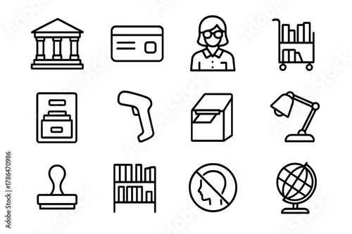 Library Icons Collection. Library. Line icon set of Library: library building facade, library card, librarian, book cart, catalog drawer, barcode scanner,