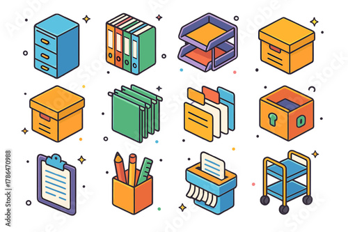 Colorful Office Storage Icons. Office storage and filing. Colorful isometric vector icons set of Office storage and filing: file cabinet, binder shelf, paper