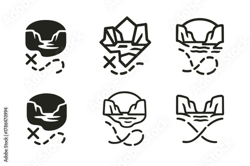 Smuggler's Route Logos. Smuggler?s route. Set Logo of Smuggler?s route: dashed line to hidden cove. harmonious logo variations of the same emblematic concept,