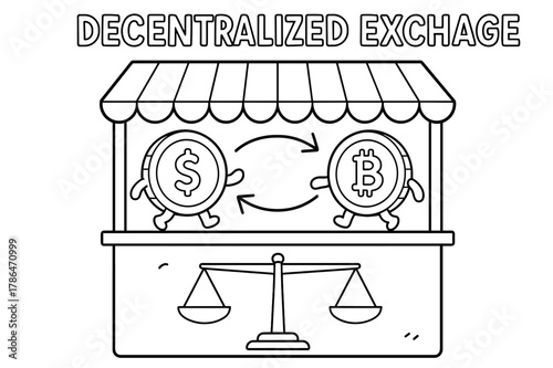 Coin Characters Swap. Decentralized exchange (DEX) children?s coloring book illustration, outlined drawing, a friendly market stall with two coin characters