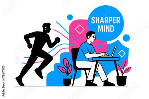 From Motion to Mindset. Focus & Productivity. A jogger silhouette transitions into a person at a desk; energy lines flow from motion to mindset. ?Sharper Mind?
